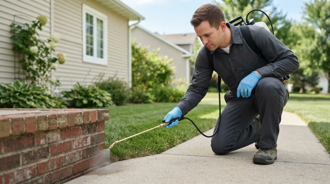 Pest control technician treating a home near Cambridge, ME